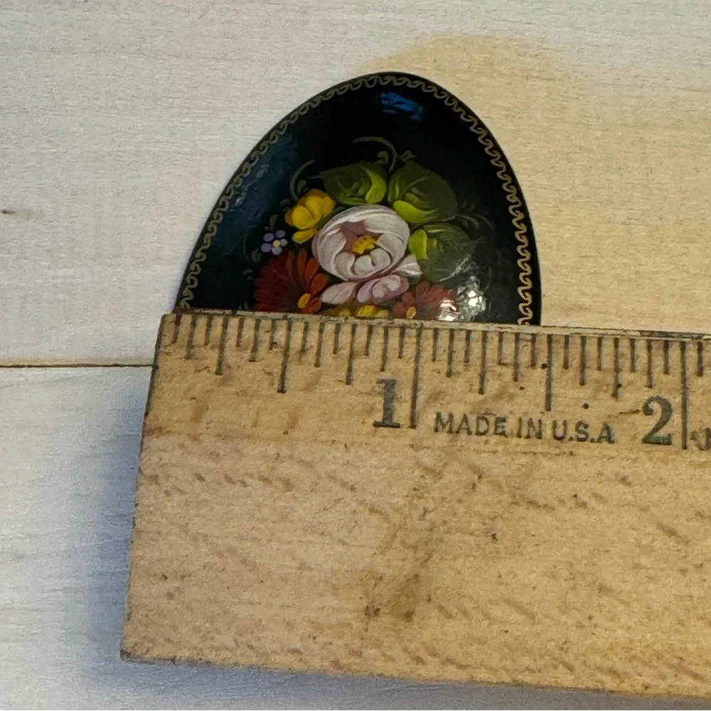 Signed Black Lacquered Floral Brooch Russian Pin Wood Hand Painted Vintage
